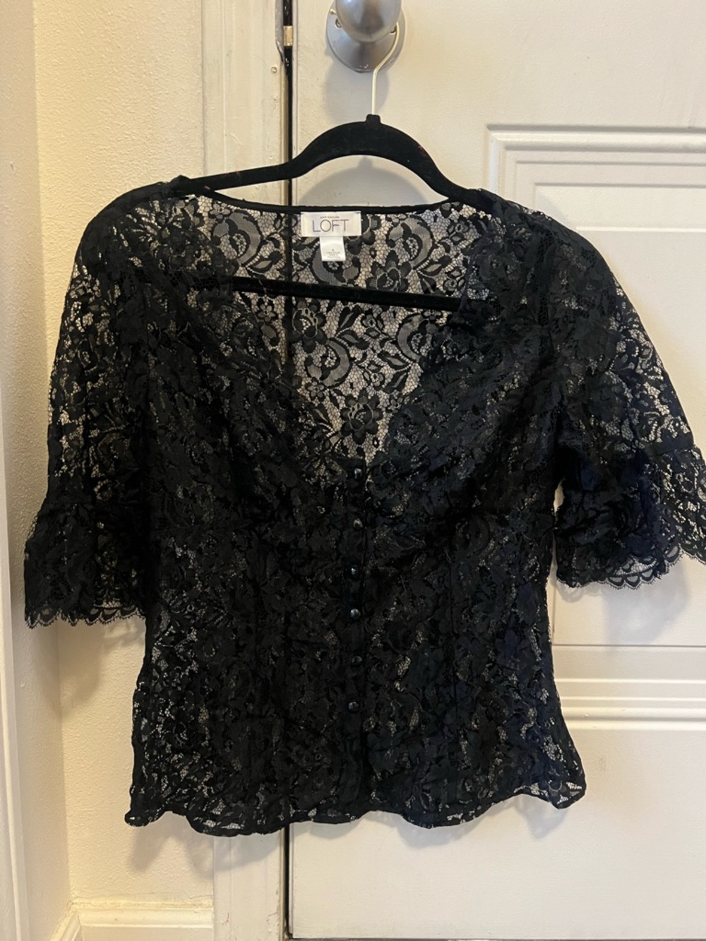 LOFT Black Lace Peplum Top Size 4 Feminine Sheer Button Front